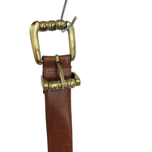 Vintage 80's Ritz Leather Belt S Brown Hieroglyphic Symbol Beads Brass Buckle - Picture 10 of 13